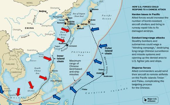 资料图片：外媒绘制的中国东风21D导弹射程图。